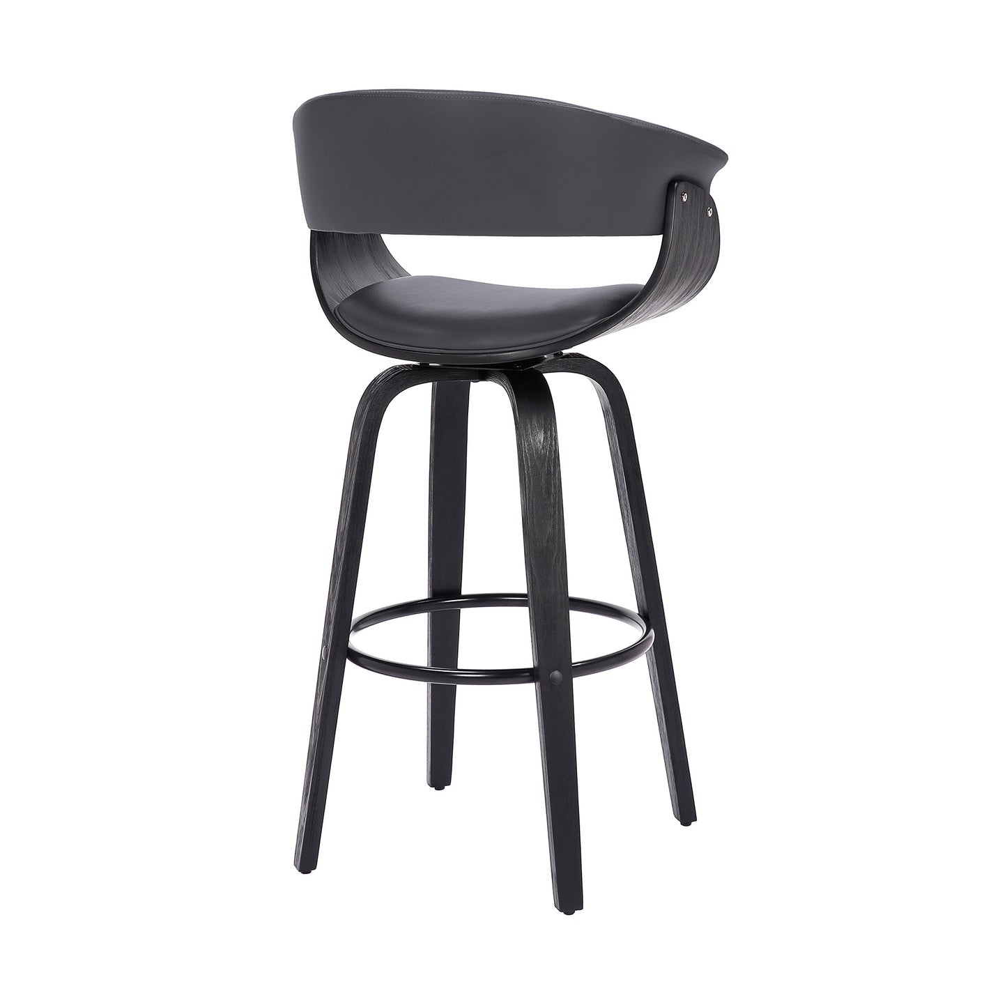 31" Gray And Black Faux Leather And Solid Wood Swivel Low Back Bar Height Bar Chair With Footrest