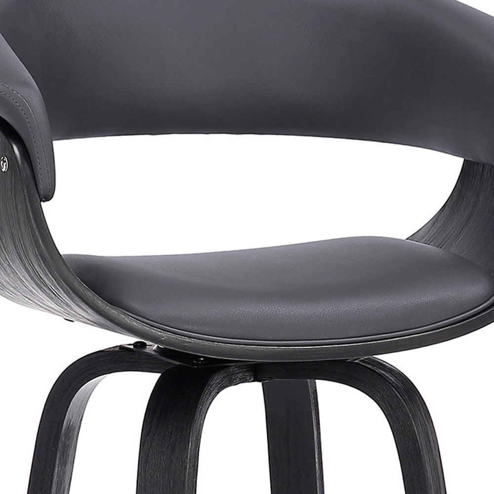 31" Gray And Black Faux Leather And Solid Wood Swivel Low Back Bar Height Bar Chair With Footrest
