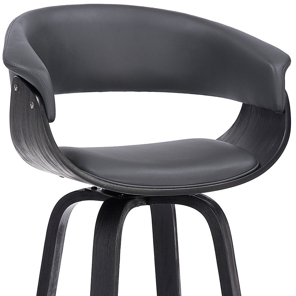 31" Gray And Black Faux Leather And Solid Wood Swivel Low Back Bar Height Bar Chair With Footrest