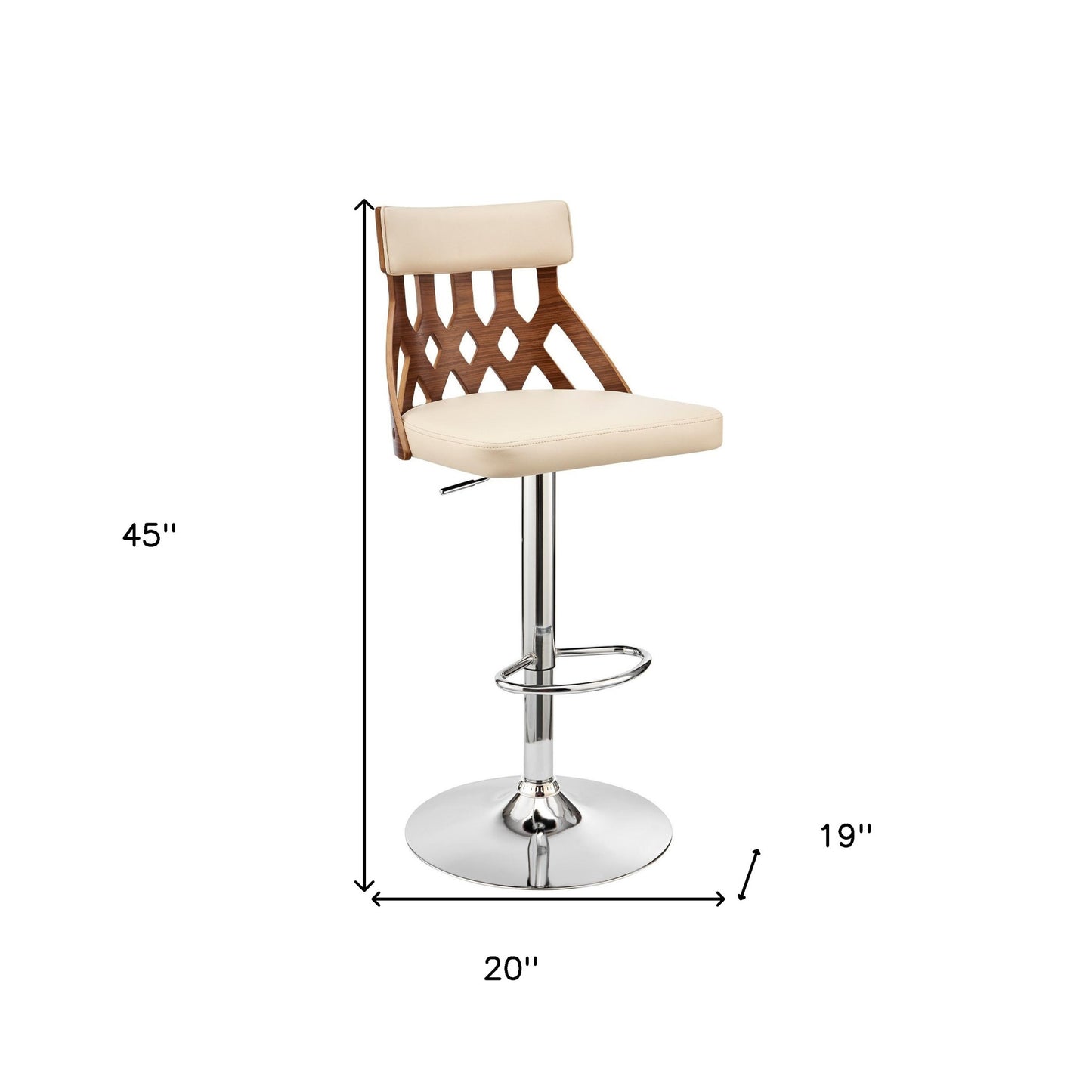Adjustable Cream Faux Leather and Walnut Lattice Bar Stool