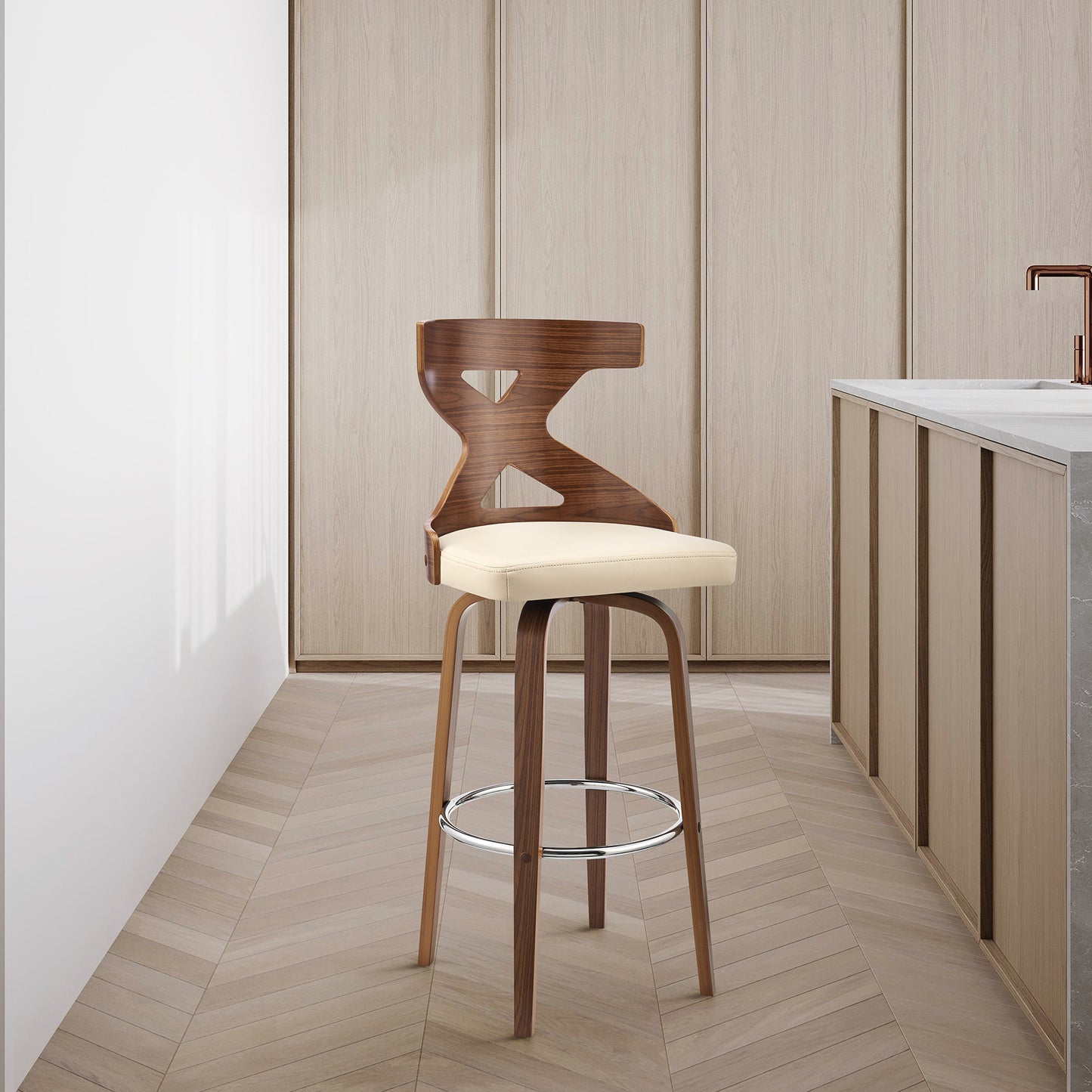 40" Cream Faux Leather And Wood Swivel Counter Height Bar Chair