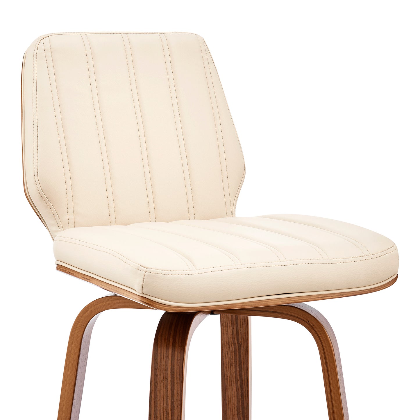 38" Cream Faux Leather Wood Swivel Bar Height Chair