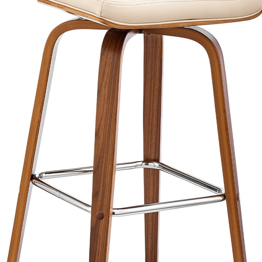 38" Cream Faux Leather Wood Swivel Bar Height Chair