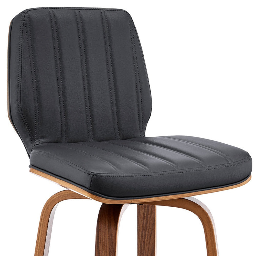 38" Dark Gray Faux Leather And Wood Swivel Bar Height Chair