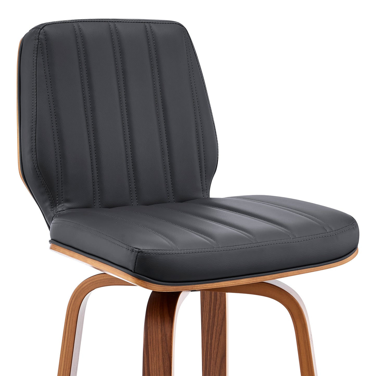 42" Dark Gray Faux Leather And Wood Swivel Bar Height Chair