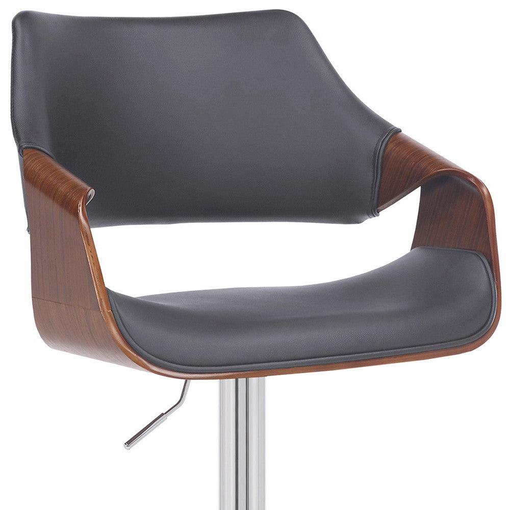 Grey Faux Leather and Walnut Wood and Chrome Swivel Adjustable Bar Stool