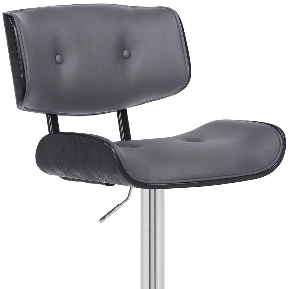 Adjustable Gray Tufted Faux Leather Black and Chrome Swivel Barstool.