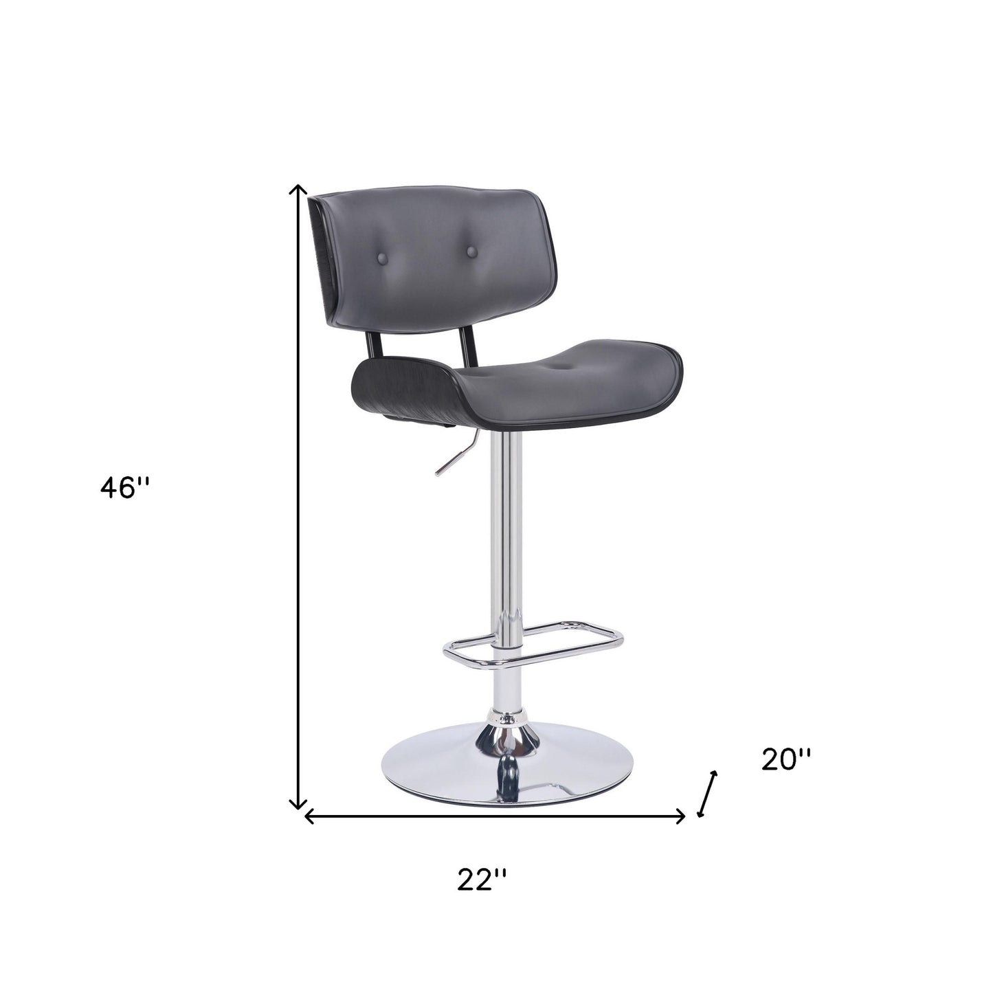 Adjustable Gray Tufted Faux Leather Black and Chrome Swivel Barstool.