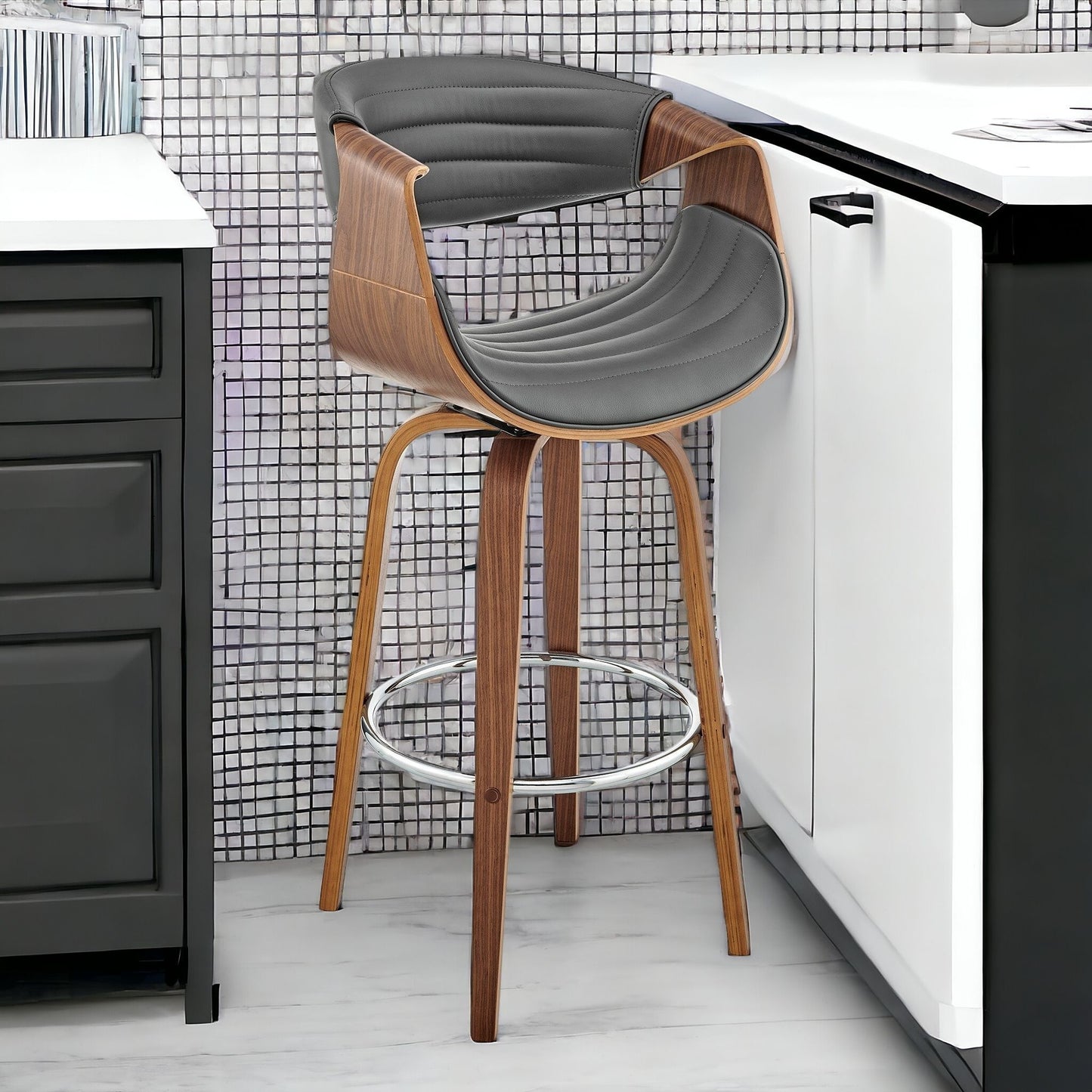 30" Gray and Brown Faux Leather Swivel Bar Chair With Footrest
