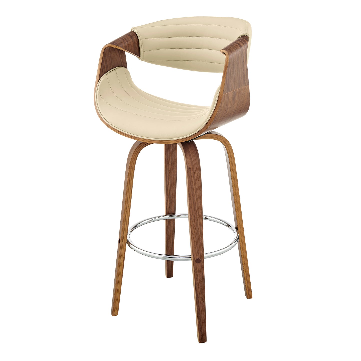 26" Cream Faux Leather and Walnut Wood Retro Chic Swivel Counter Stool