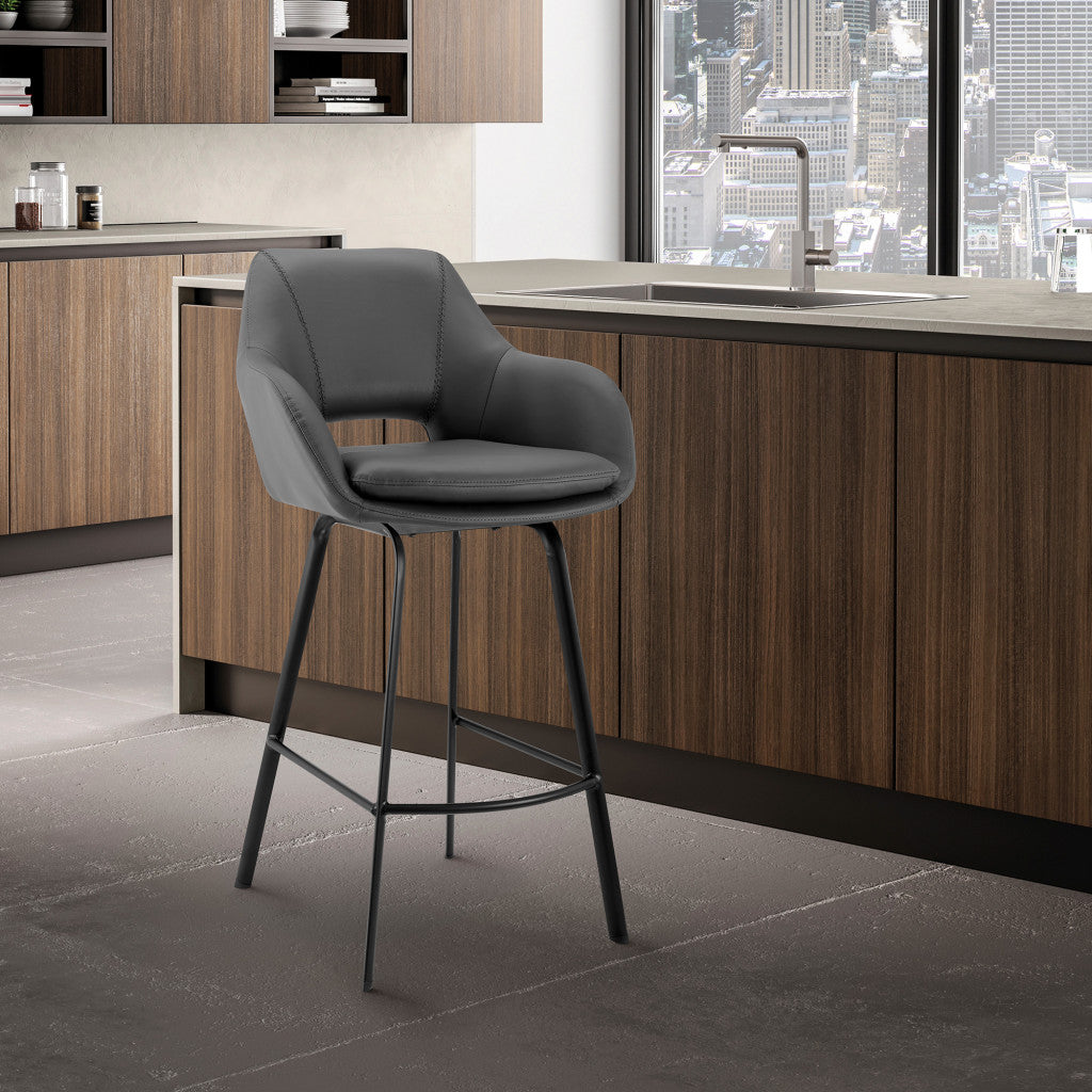 26" Gray on Black Faux Leather Comfy Swivel Counter Stool
