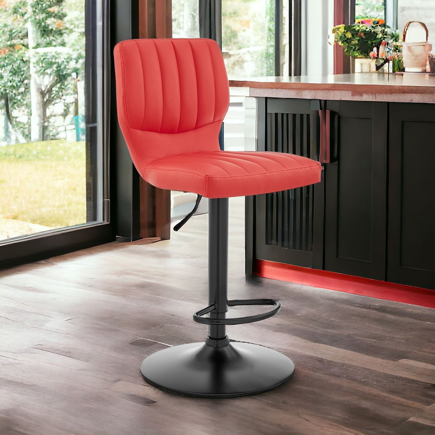 Red Faux Leather Textured Adjustable Bar Stool