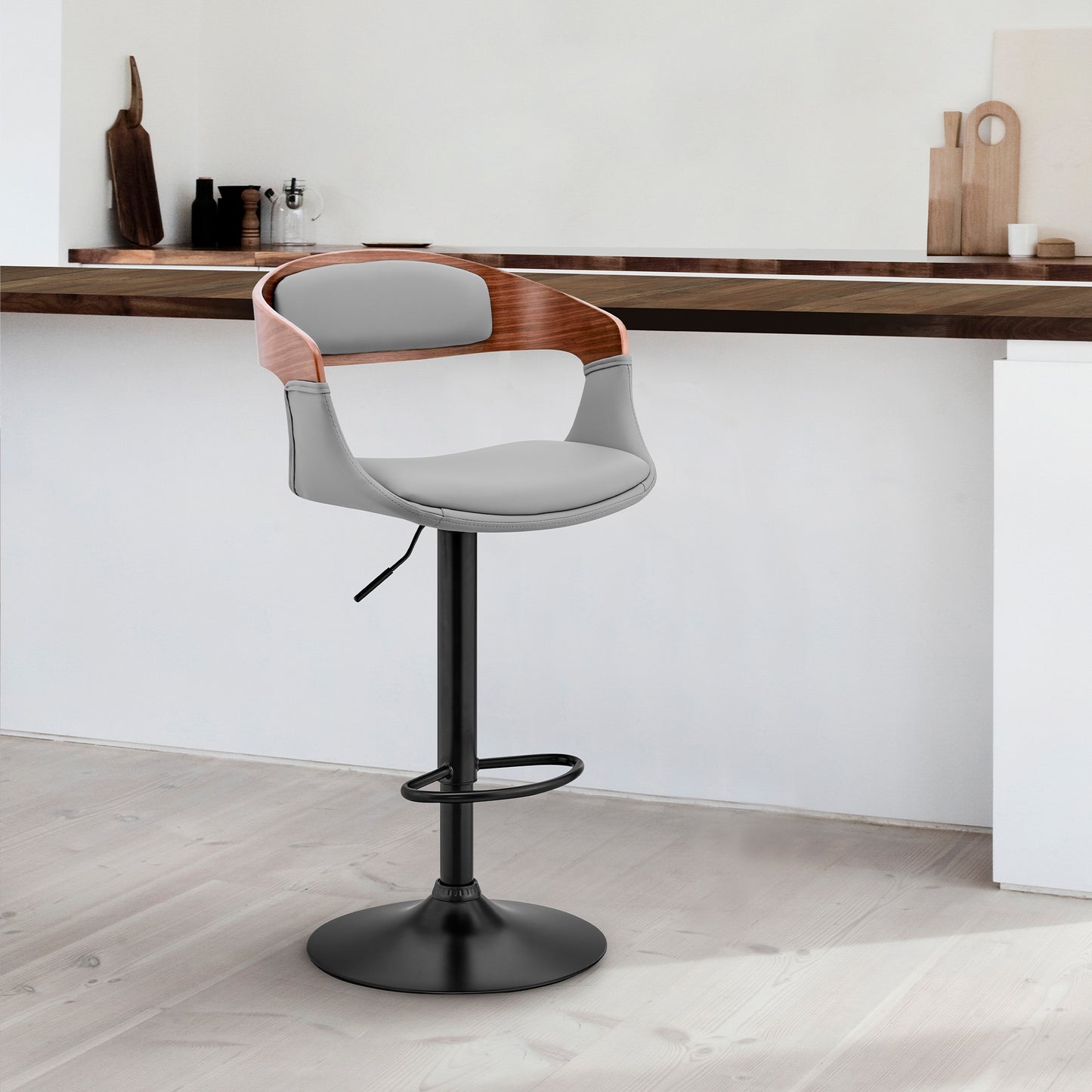 Gray Modern Upholstered Black Base Bar Stool