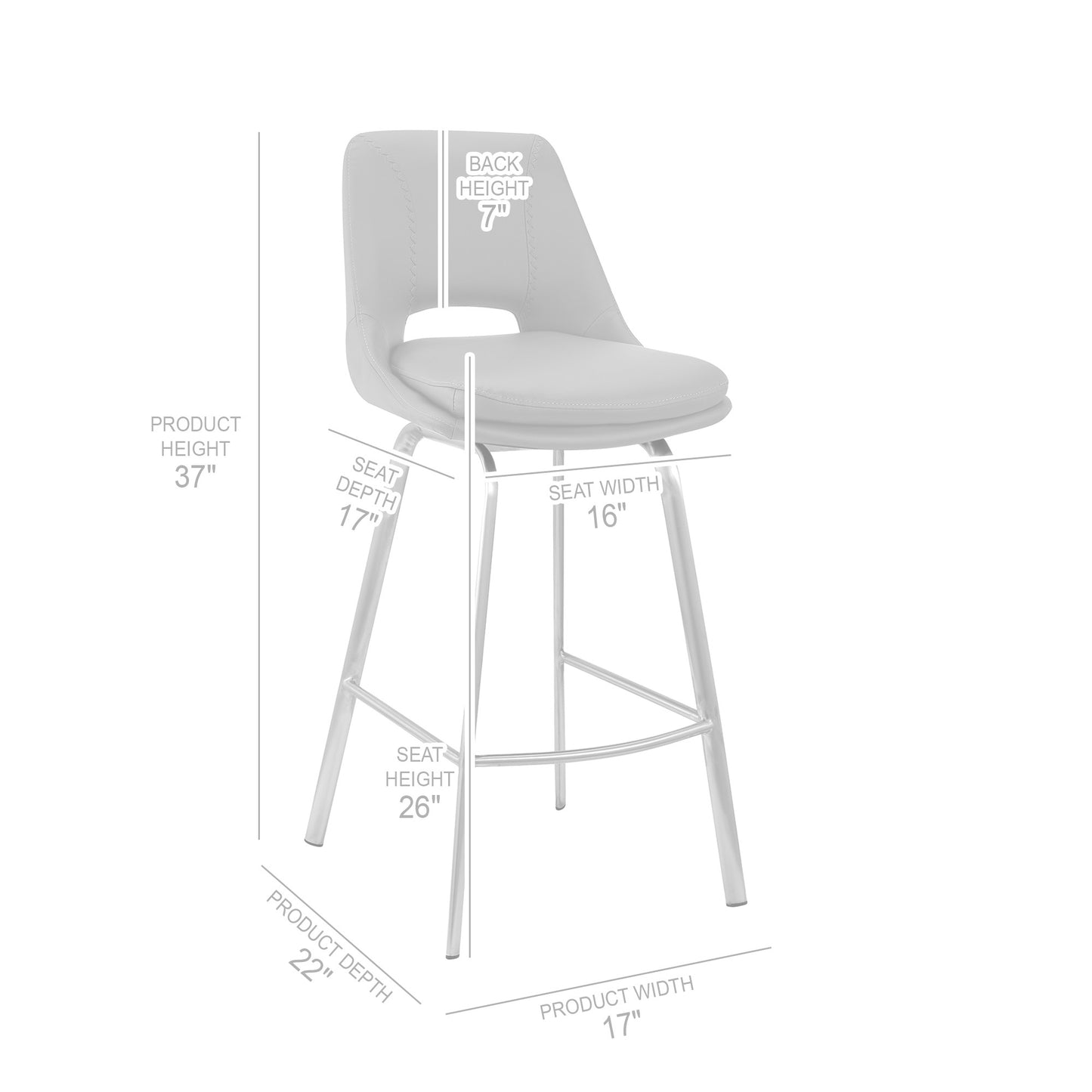 26" Elegant Grey Faux Leather Counter Stool with Stainless Steel Frame