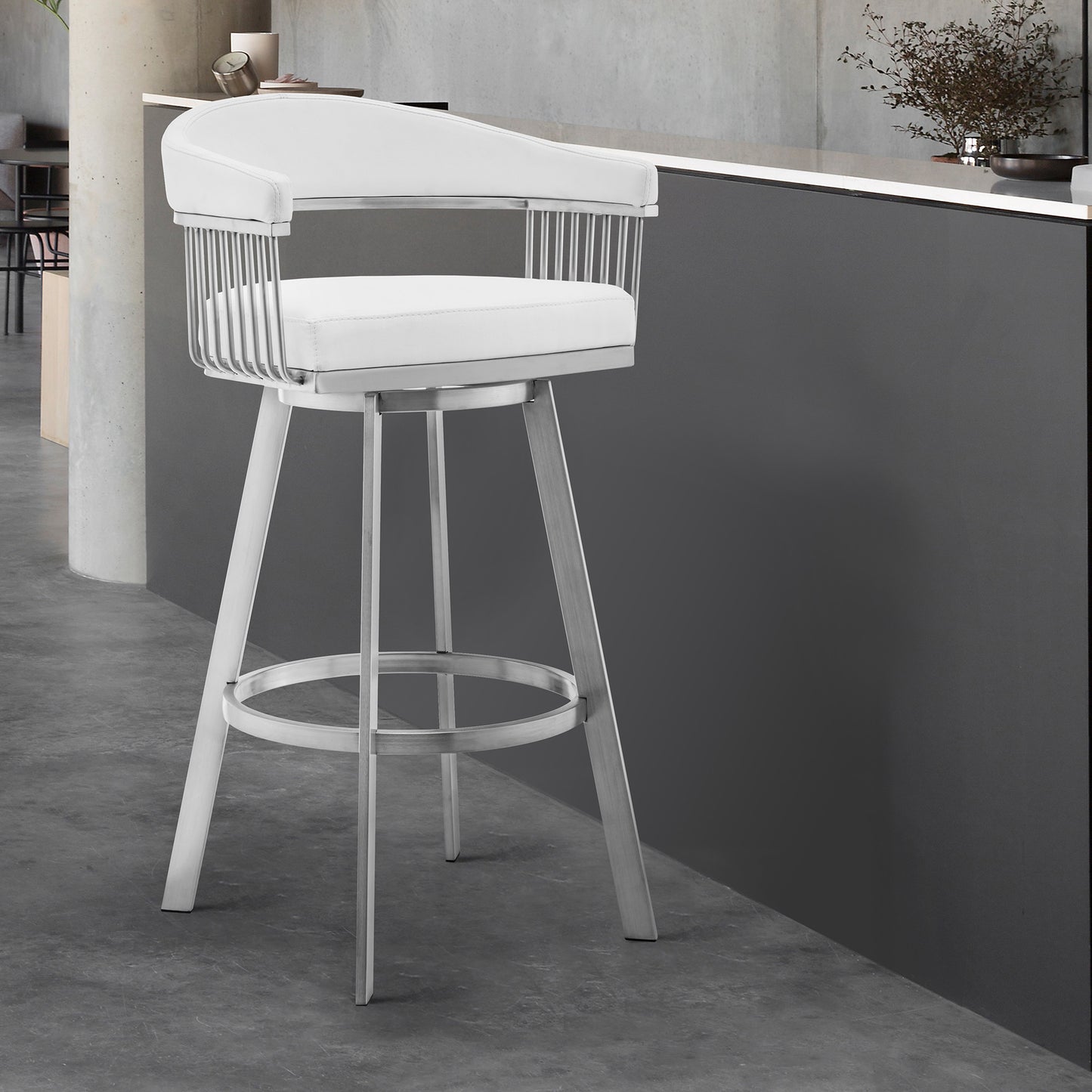 30" Mod White Faux Leather Brushed Silver Finish Swivel Bar Stool