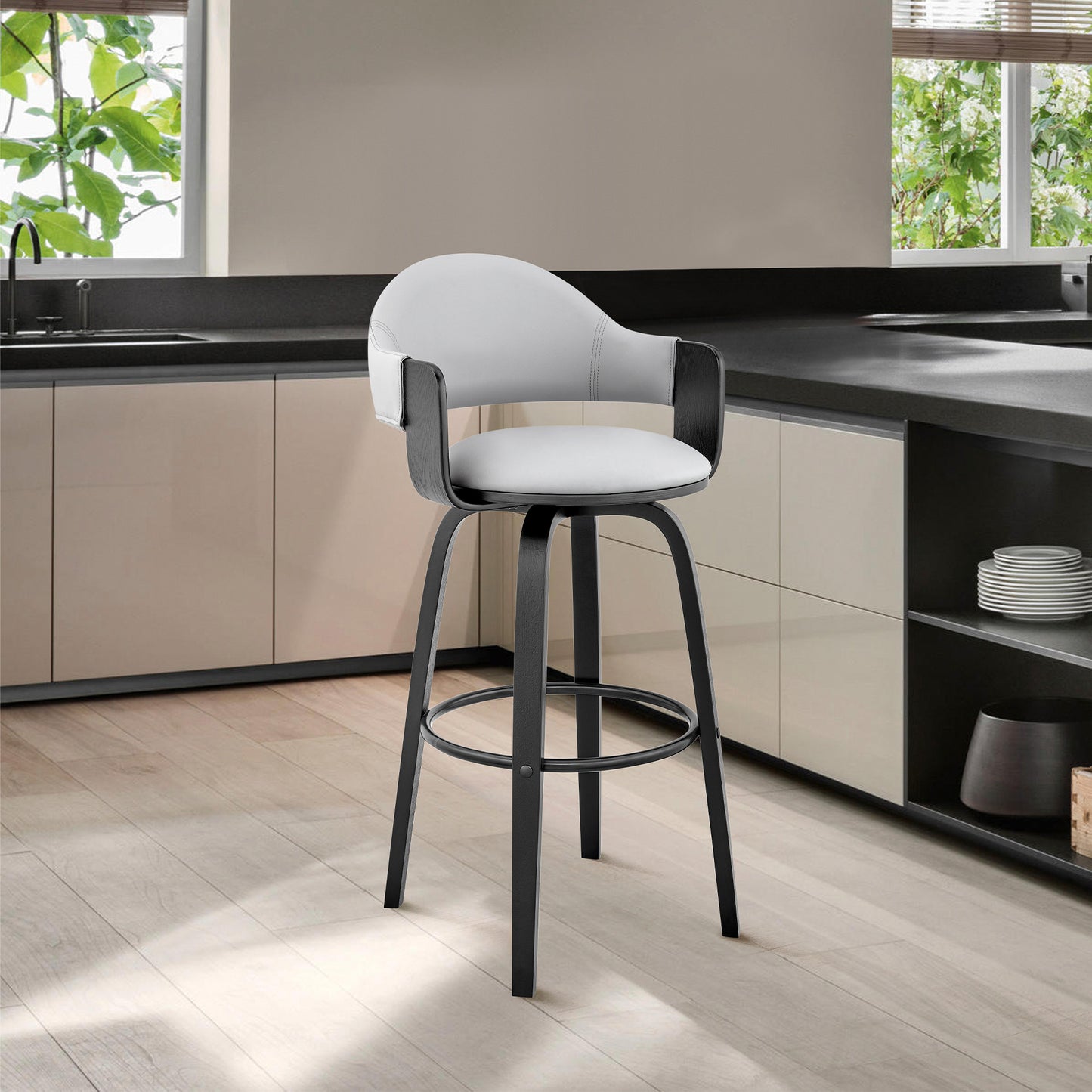 30" Rich Grey Faux Leather Walnut Wood Bar Stool