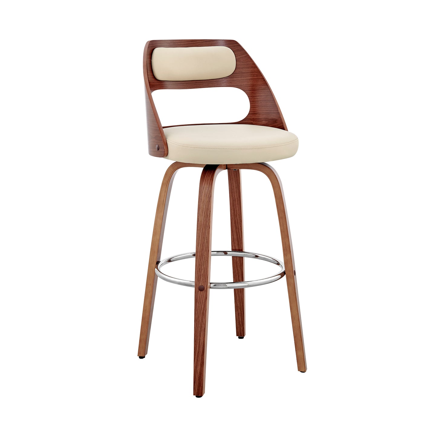 37" Cream Faux Leather And Manufactured Wood Swivel Counter Height Bar Chair