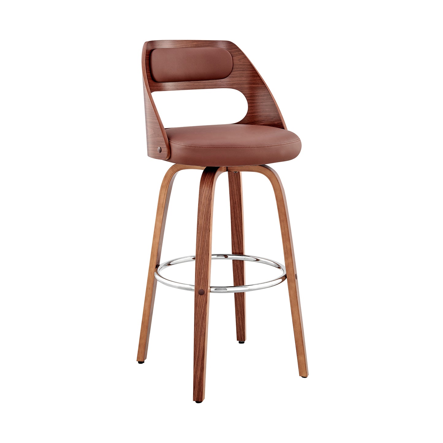37" Brown Faux Leather And Manufactured Wood Swivel Counter Height Bar Chair