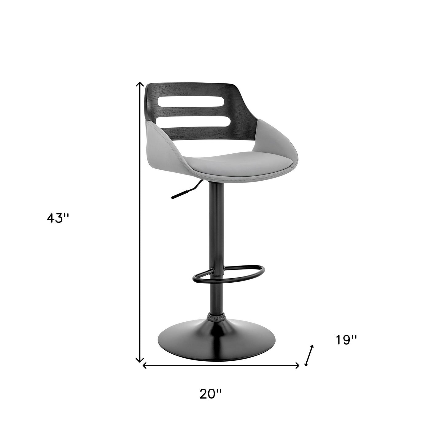 43" Gray And Black Iron Swivel Low Back Adjustable Height Bar Chair With Footrest