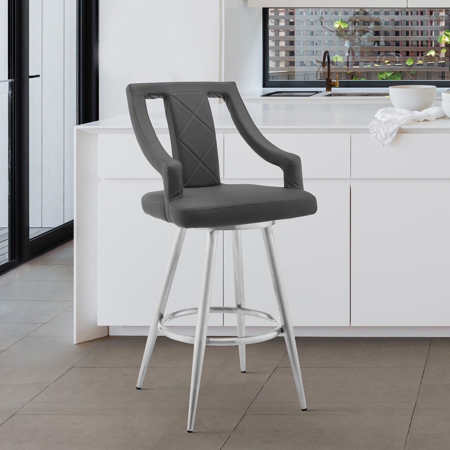41" Gray Faux Leather And Iron Swivel Counter Height Bar Chair