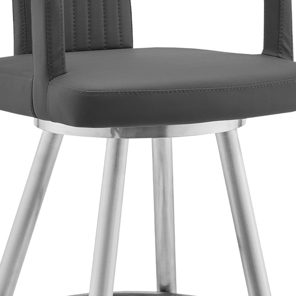 33" Gray Faux Leather And Iron Swivel Low Back Counter Height Bar Chair