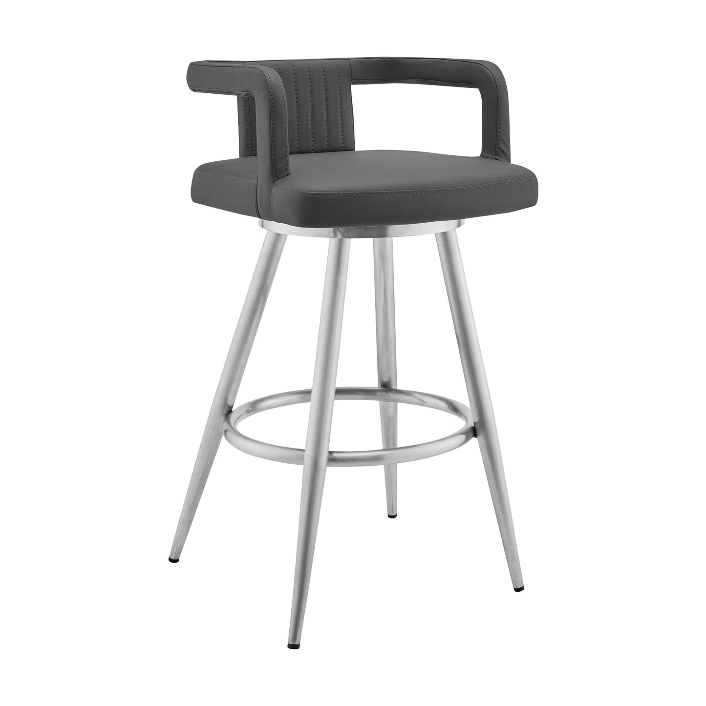 37" Gray Faux Leather And Iron Swivel Low Back Bar Height Chair