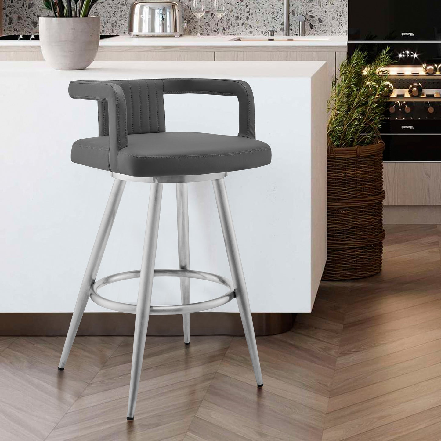 37" Gray Faux Leather And Iron Swivel Low Back Bar Height Chair