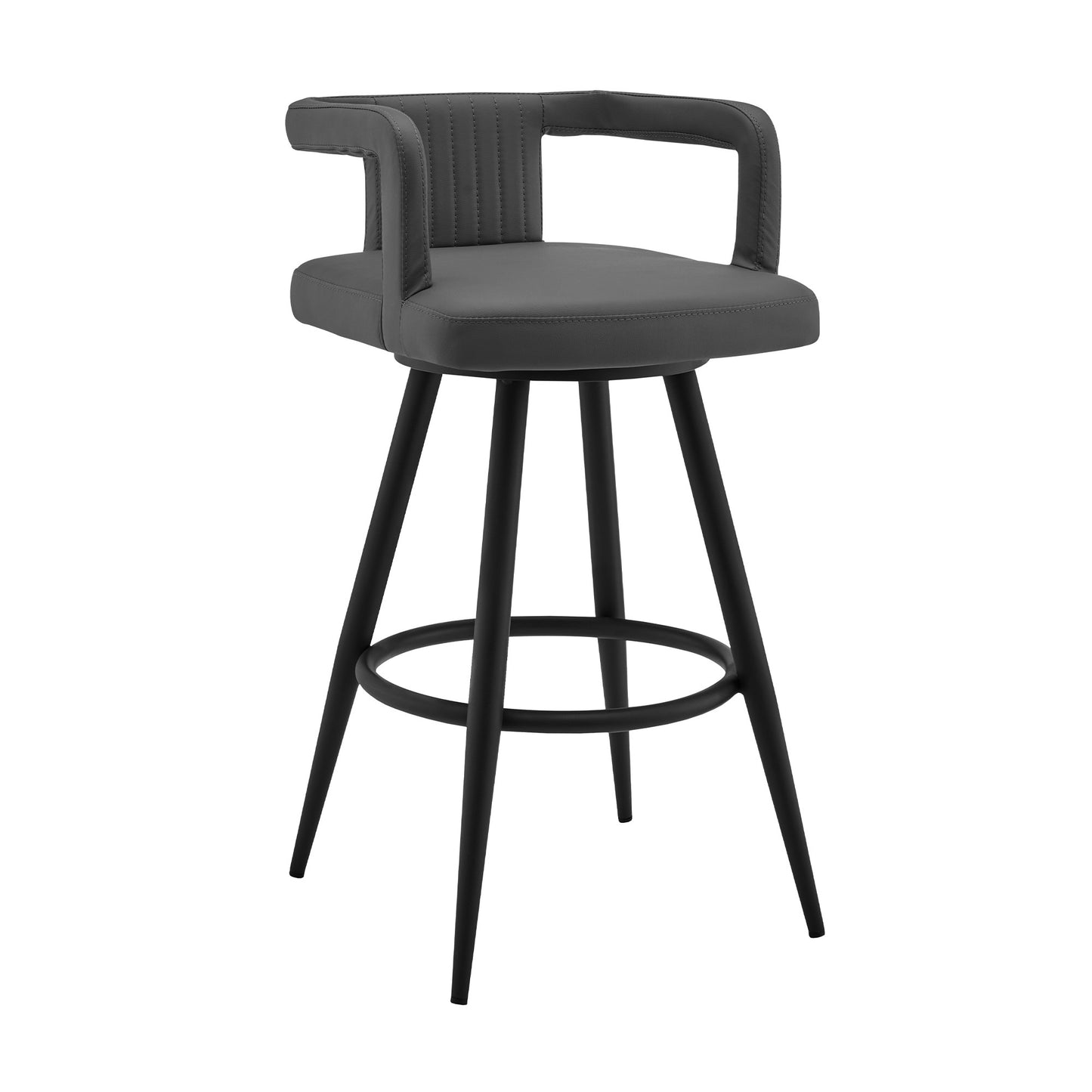 33" Gray Faux Leather And Iron Swivel Low Back Counter Height Bar Chair