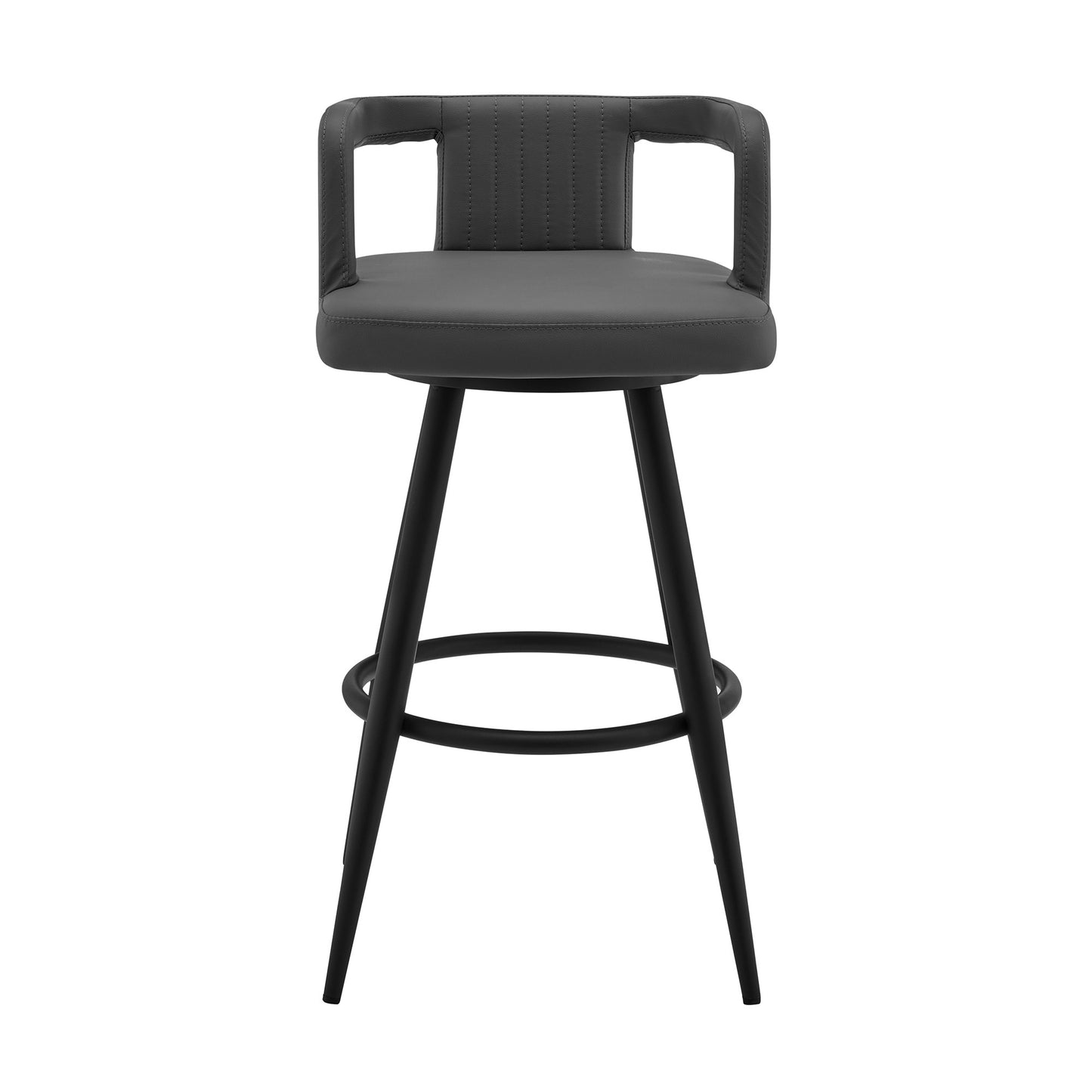 33" Gray Faux Leather And Iron Swivel Low Back Counter Height Bar Chair