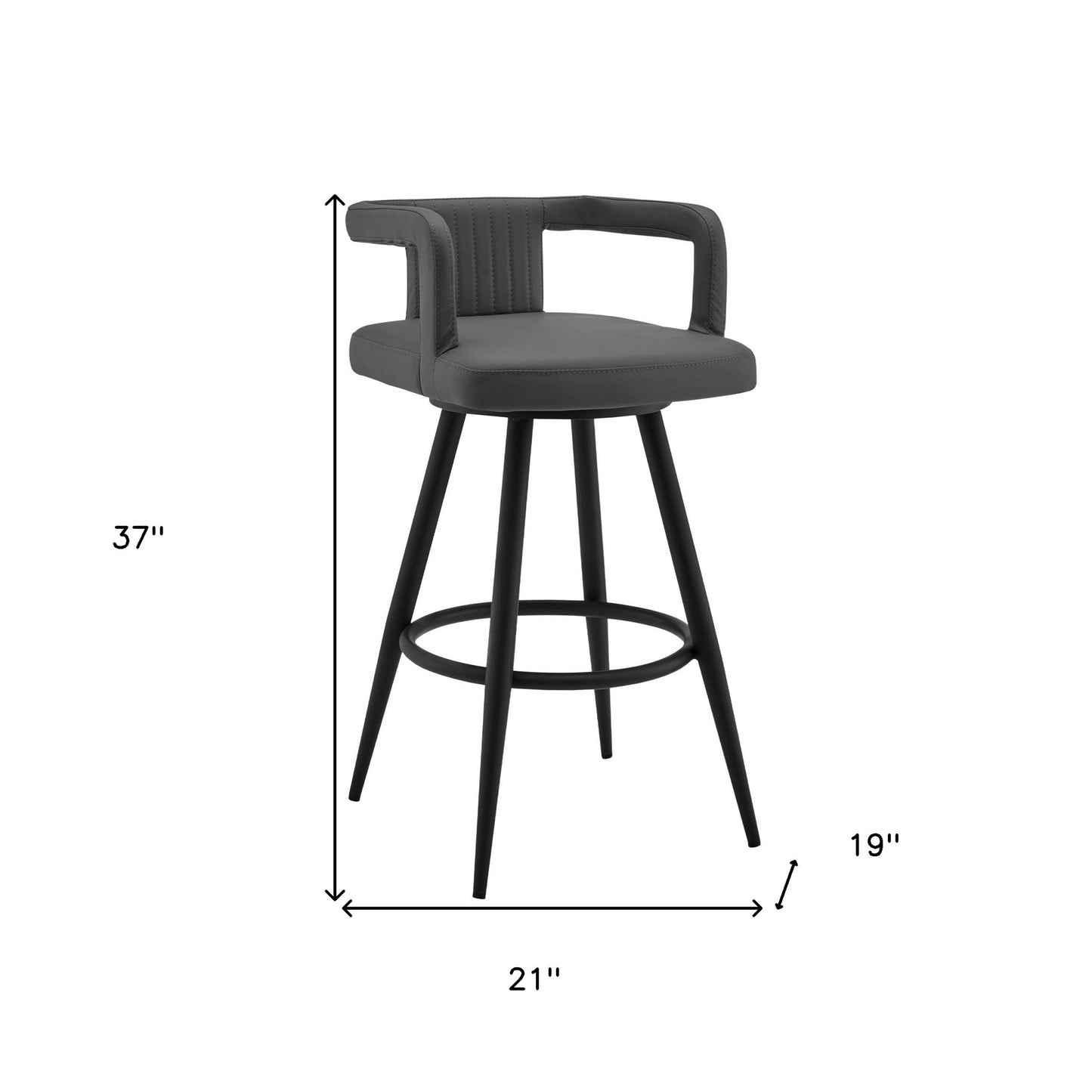 37" Gray Faux Leather And Iron Swivel Low Back Bar Height Chair