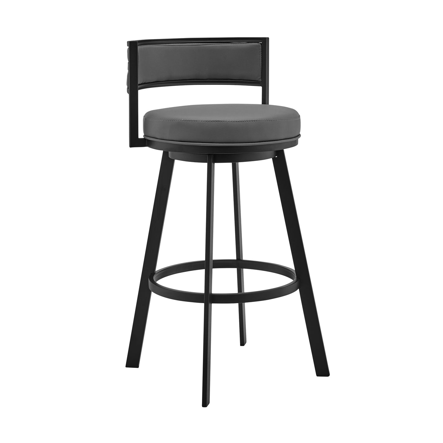 34" Gray And Black Faux Leather And Iron Swivel Low Back Counter Height Bar Chair With Footrest