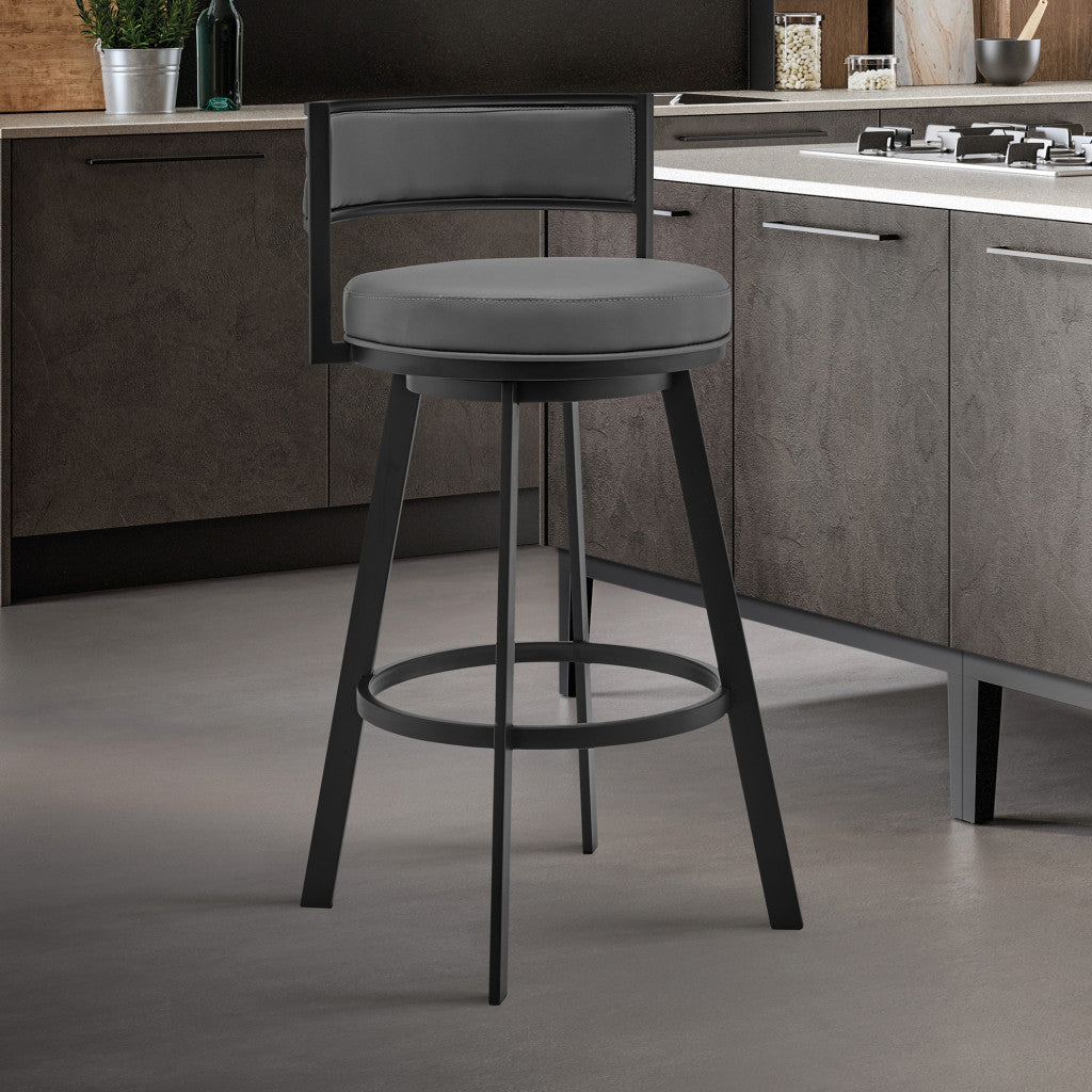 34" Gray And Black Faux Leather And Iron Swivel Low Back Counter Height Bar Chair With Footrest