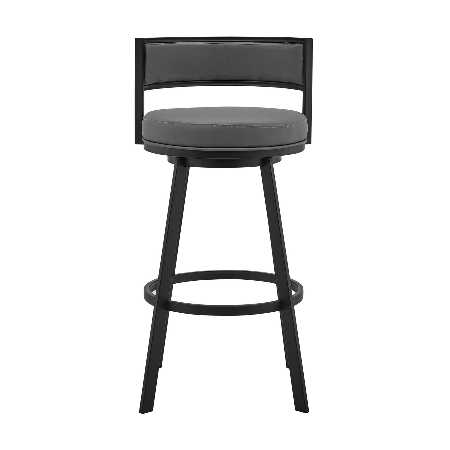 34" Gray And Black Faux Leather And Iron Swivel Low Back Counter Height Bar Chair With Footrest