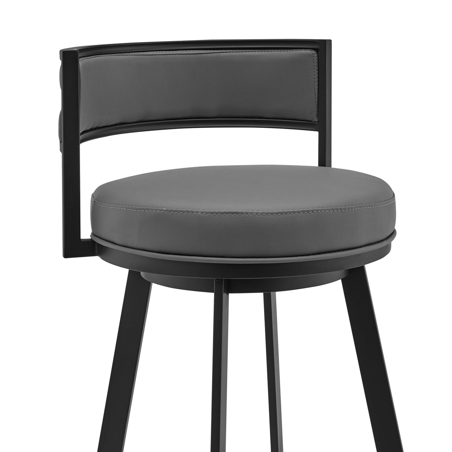 34" Gray And Black Faux Leather And Iron Swivel Low Back Counter Height Bar Chair With Footrest