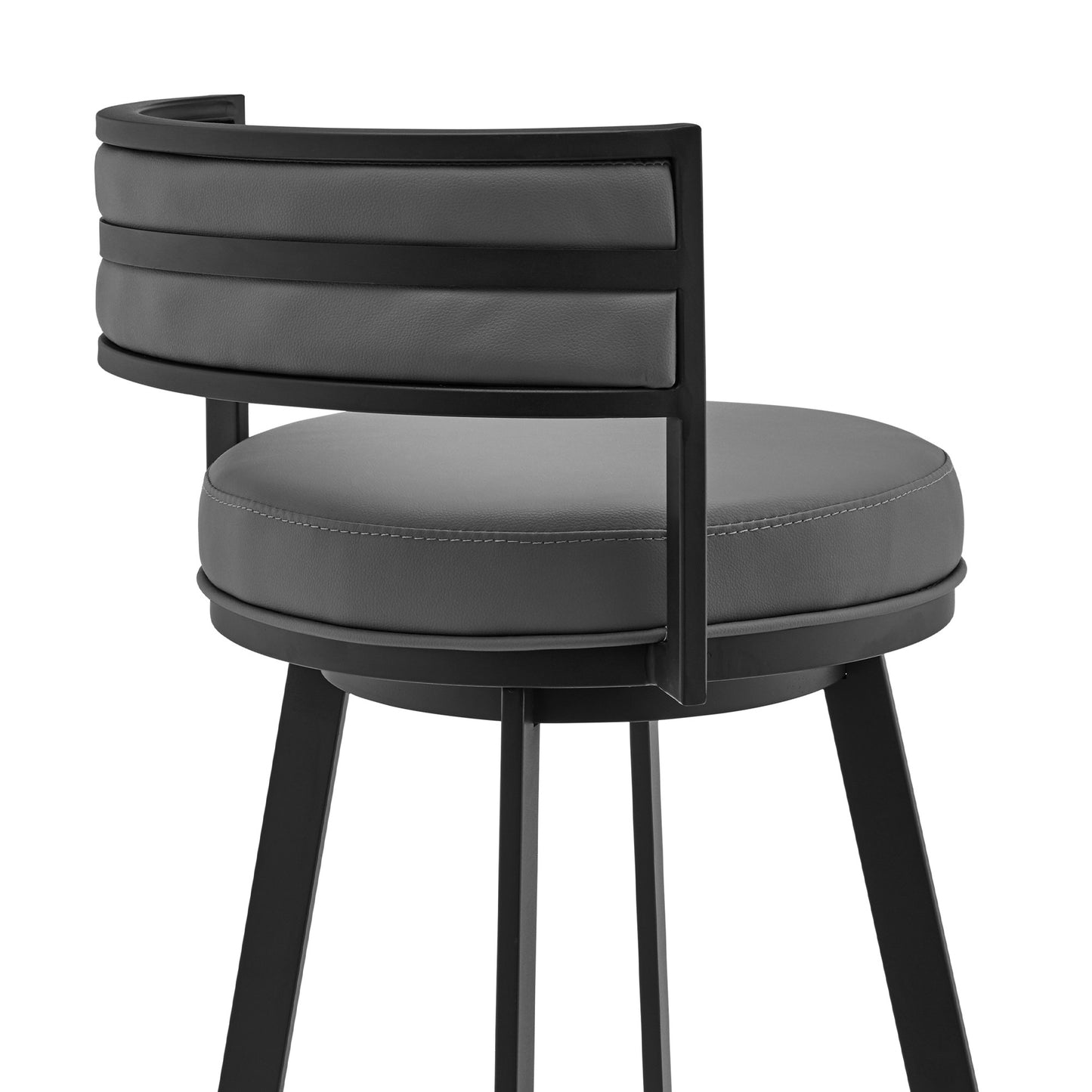 34" Gray And Black Faux Leather And Iron Swivel Low Back Counter Height Bar Chair With Footrest