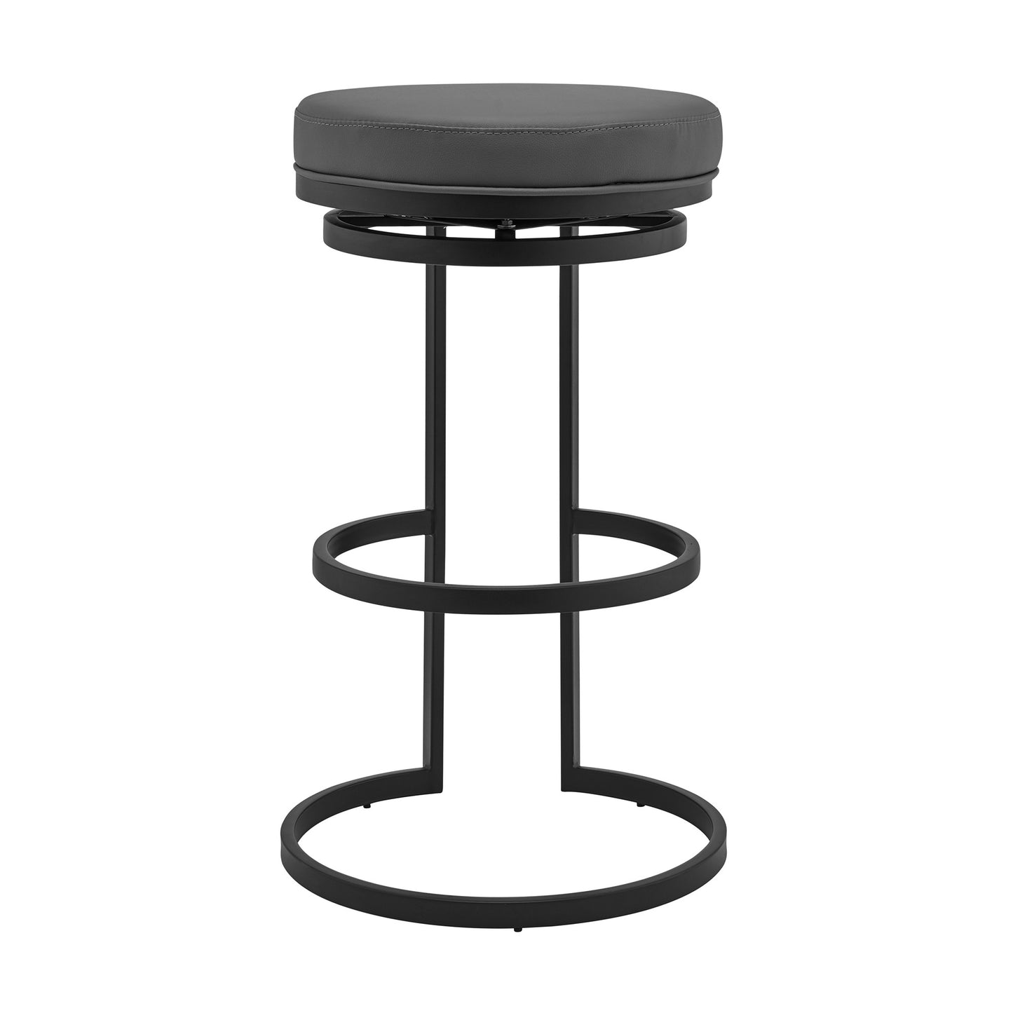 26" Gray and Black Faux Leather and Iron Swivel Backless Counter Height Bar Chair with Footrest
