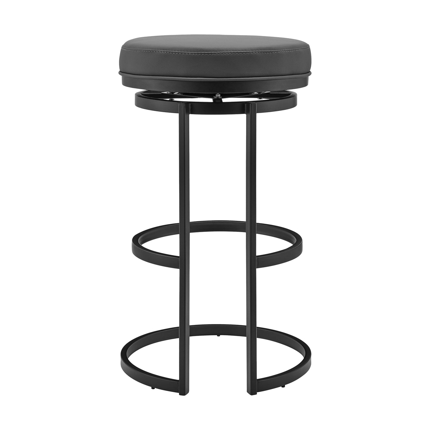 26" Gray and Black Faux Leather and Iron Swivel Backless Counter Height Bar Chair with Footrest