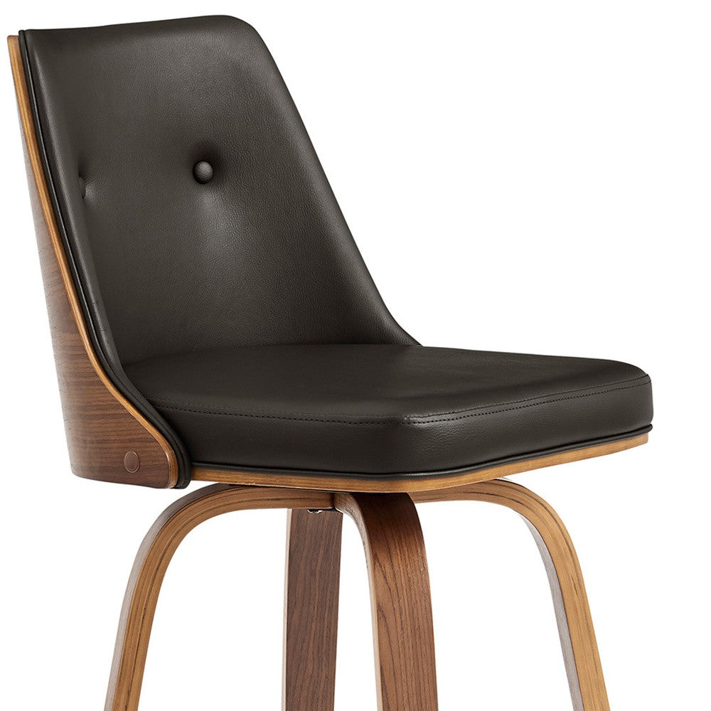 37" Brown Faux Leather And Manufactured Wood Swivel Counter Height Bar Chair