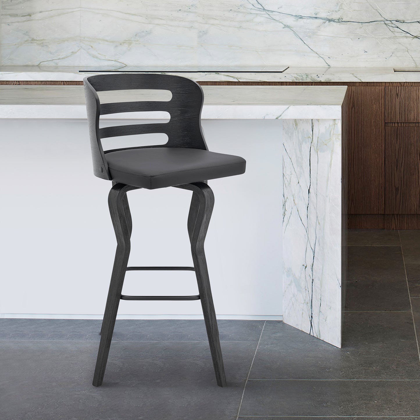 39" Matte Black And Gray Bar Height Swivel Full Back Bar Chair