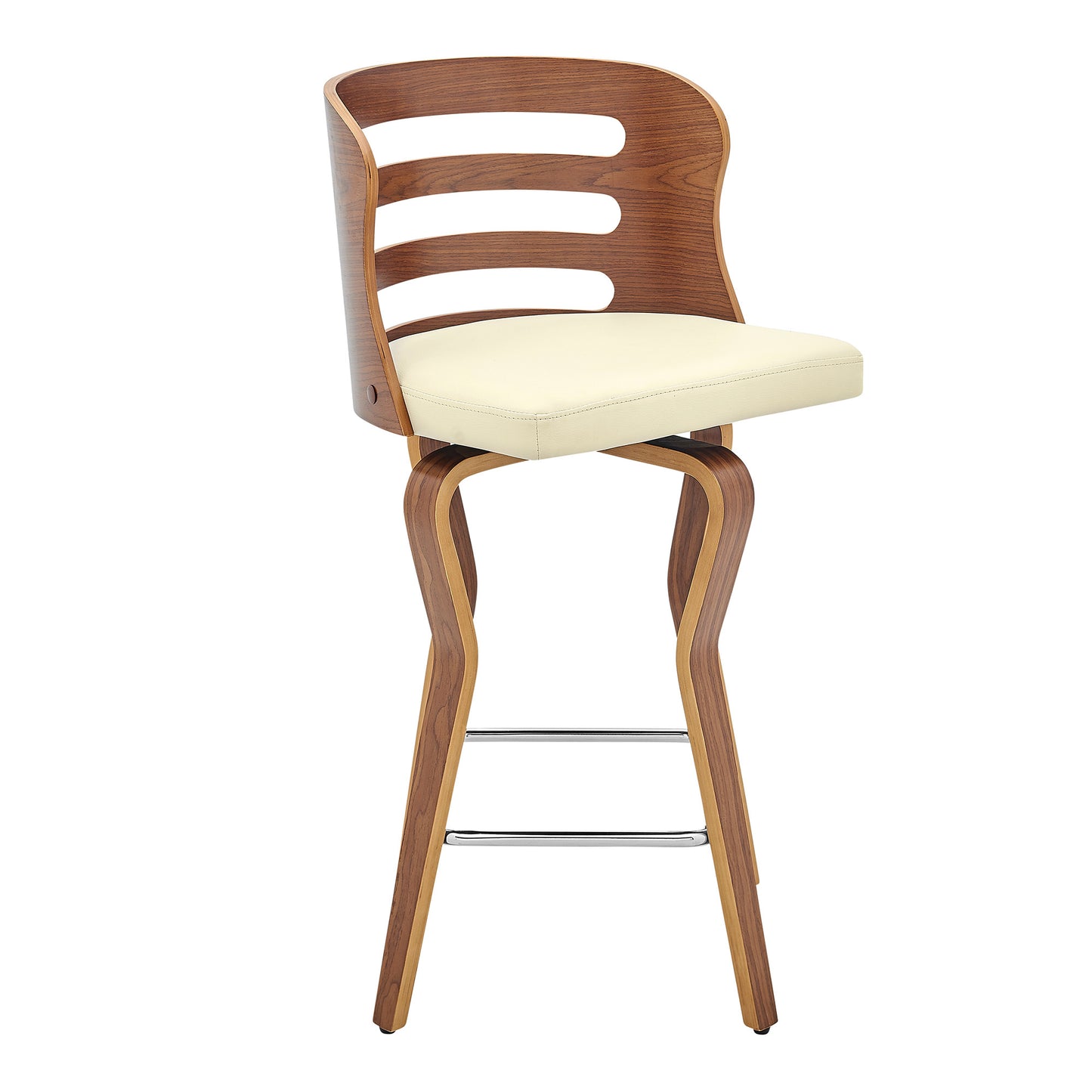 35" Cream Faux Leather And Manufactured Wood Swivel Counter Height Bar Chair