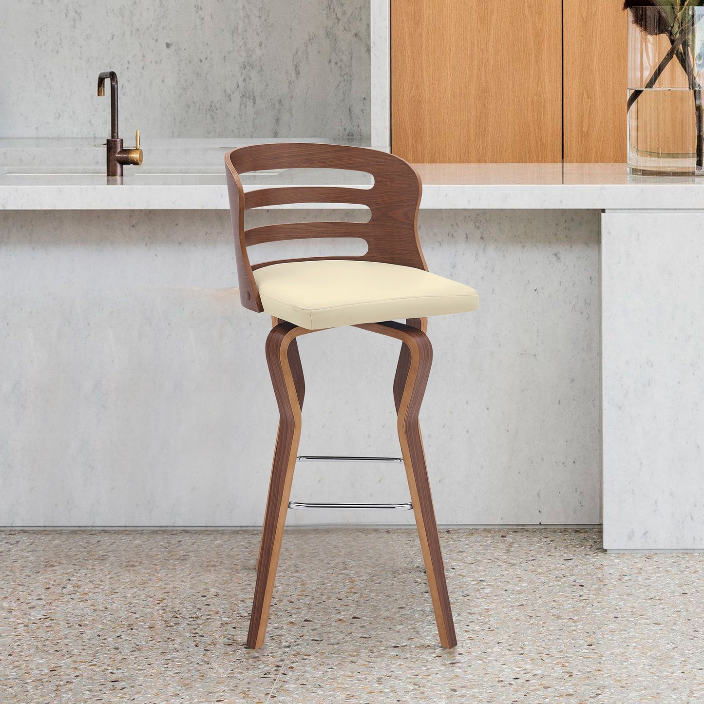 35" Cream Faux Leather And Manufactured Wood Swivel Counter Height Bar Chair