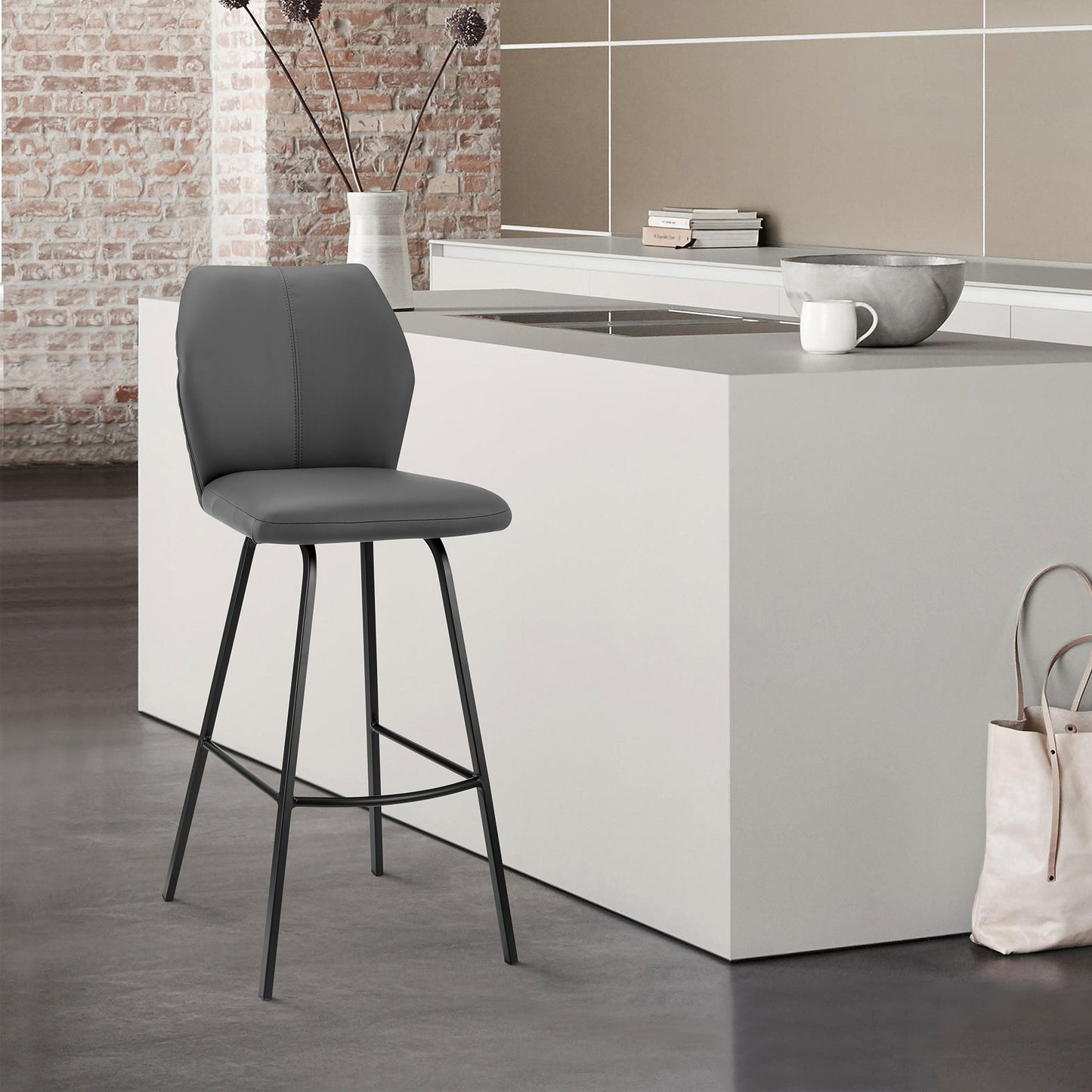 38" Gray Faux Leather And Iron Counter Height Bar Chair