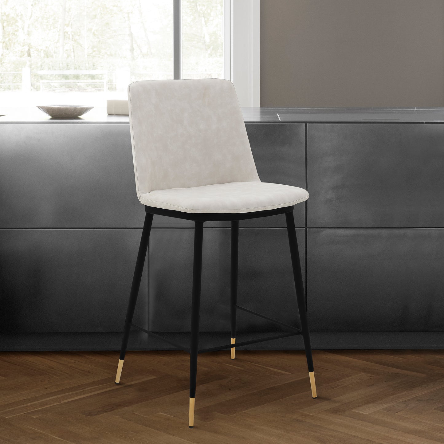38" Cream Faux Leather And Iron Counter Height Bar Chair