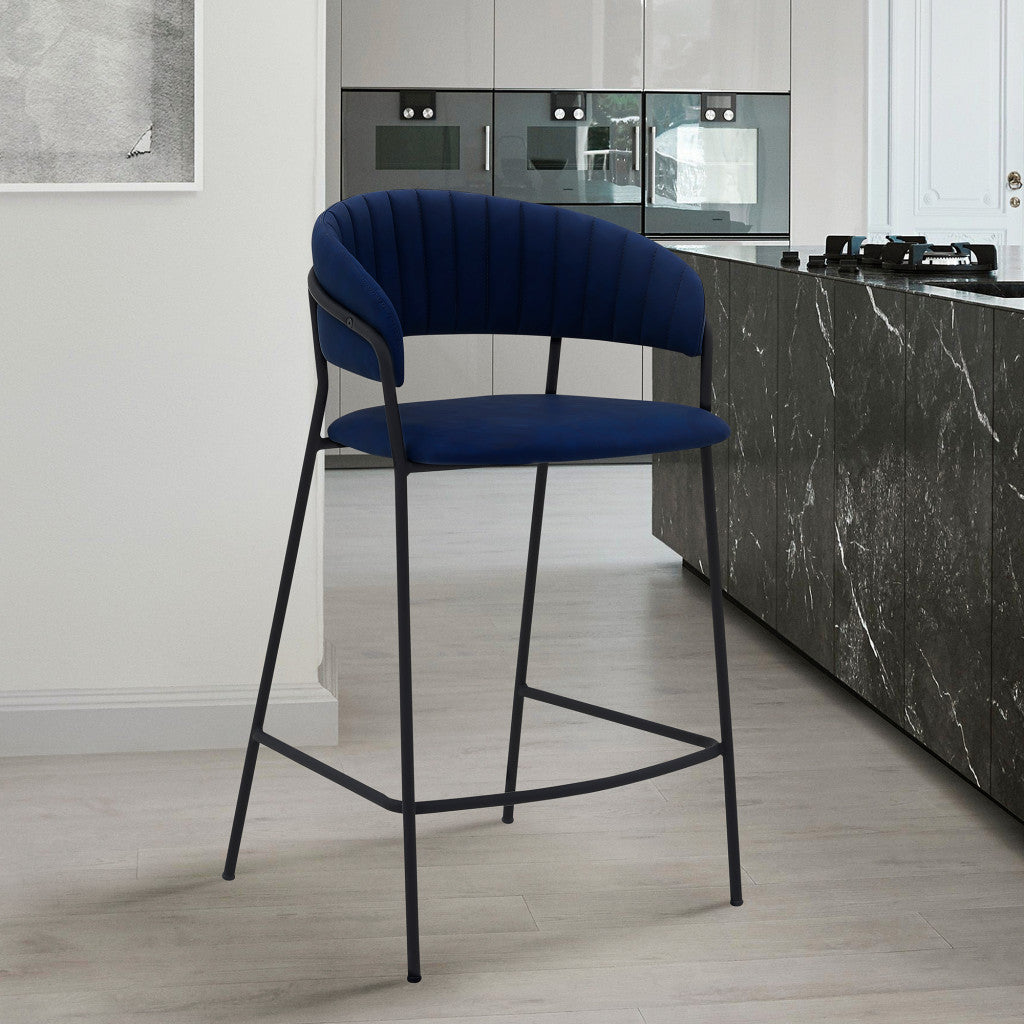 37" Blue Faux Leather And Iron Low Back Counter Height Bar Chair