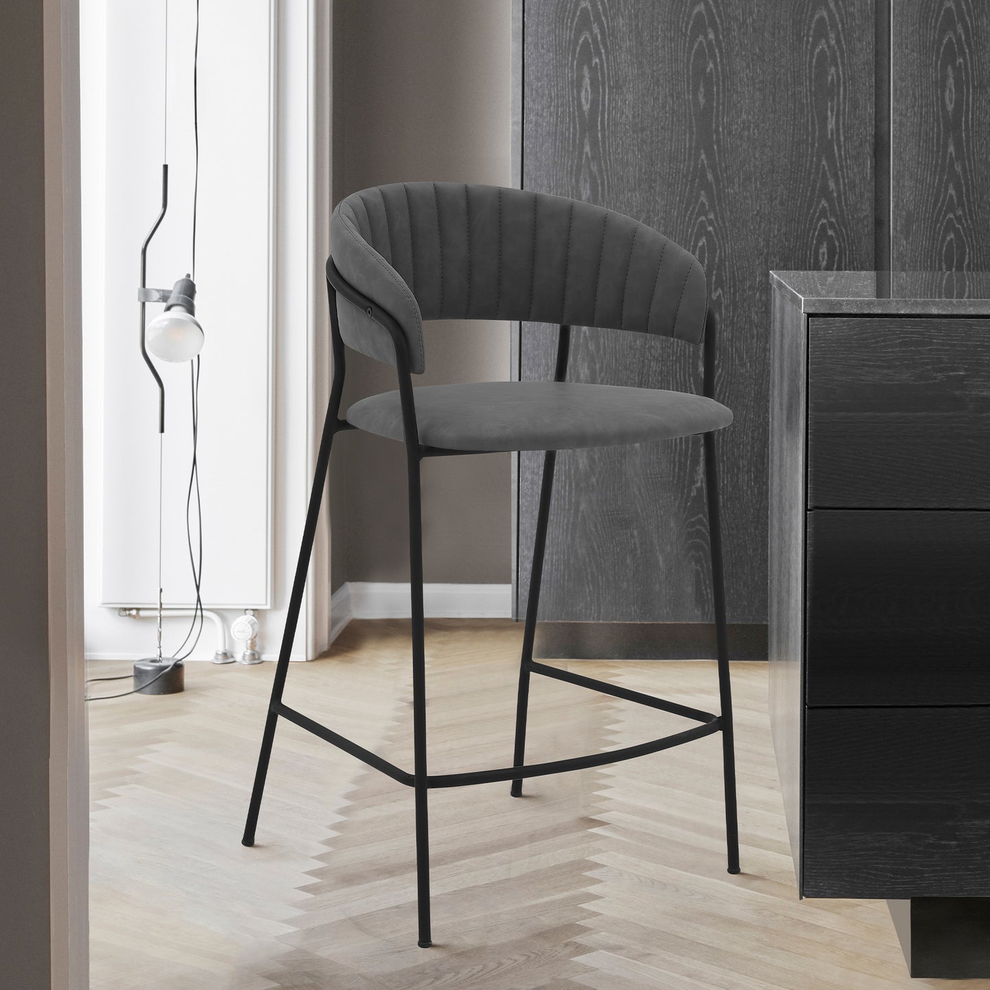 37" Gray Faux Leather And Iron Low Back Counter Height Bar Chair