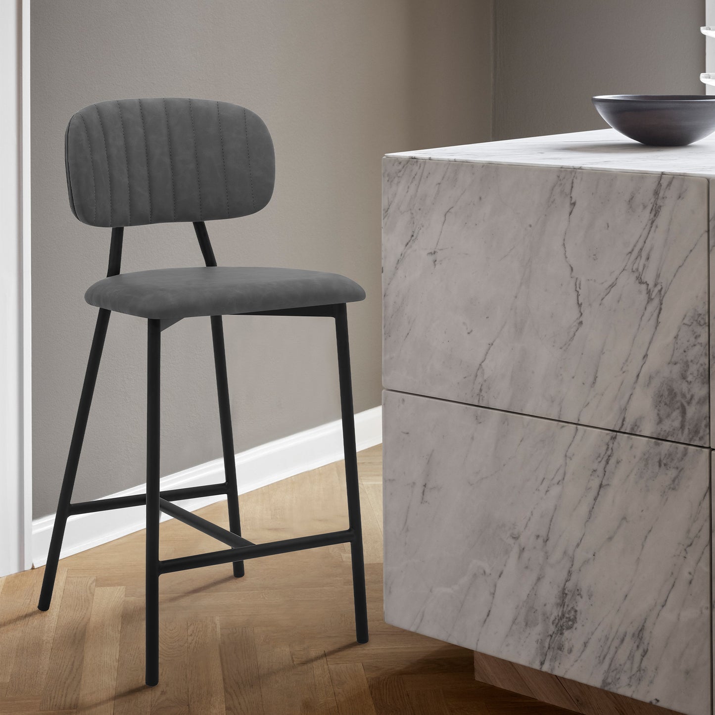 37" Gray Faux Leather And Iron Low Back Counter Height Bar Chair