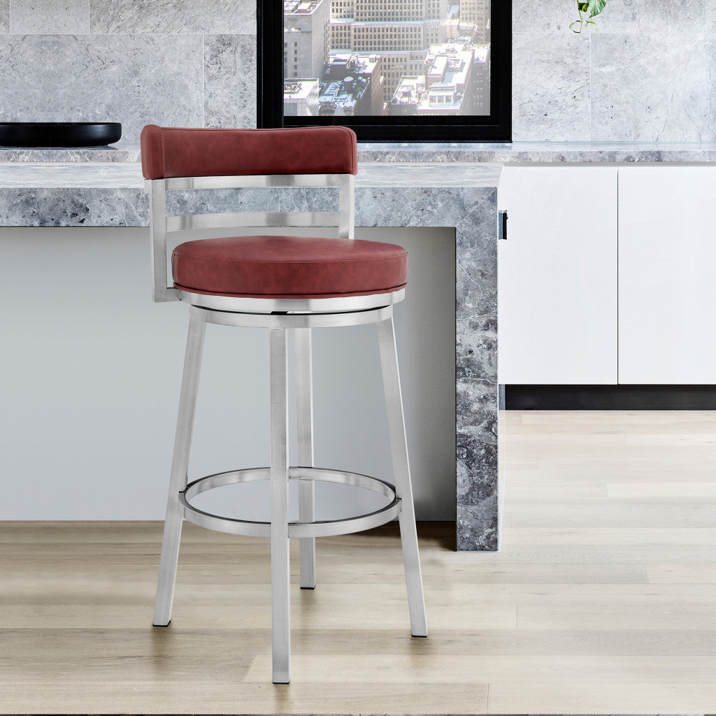36" Red And Silver Faux Leather And Iron Swivel Low Back Counter Height Bar Chair With Footrest