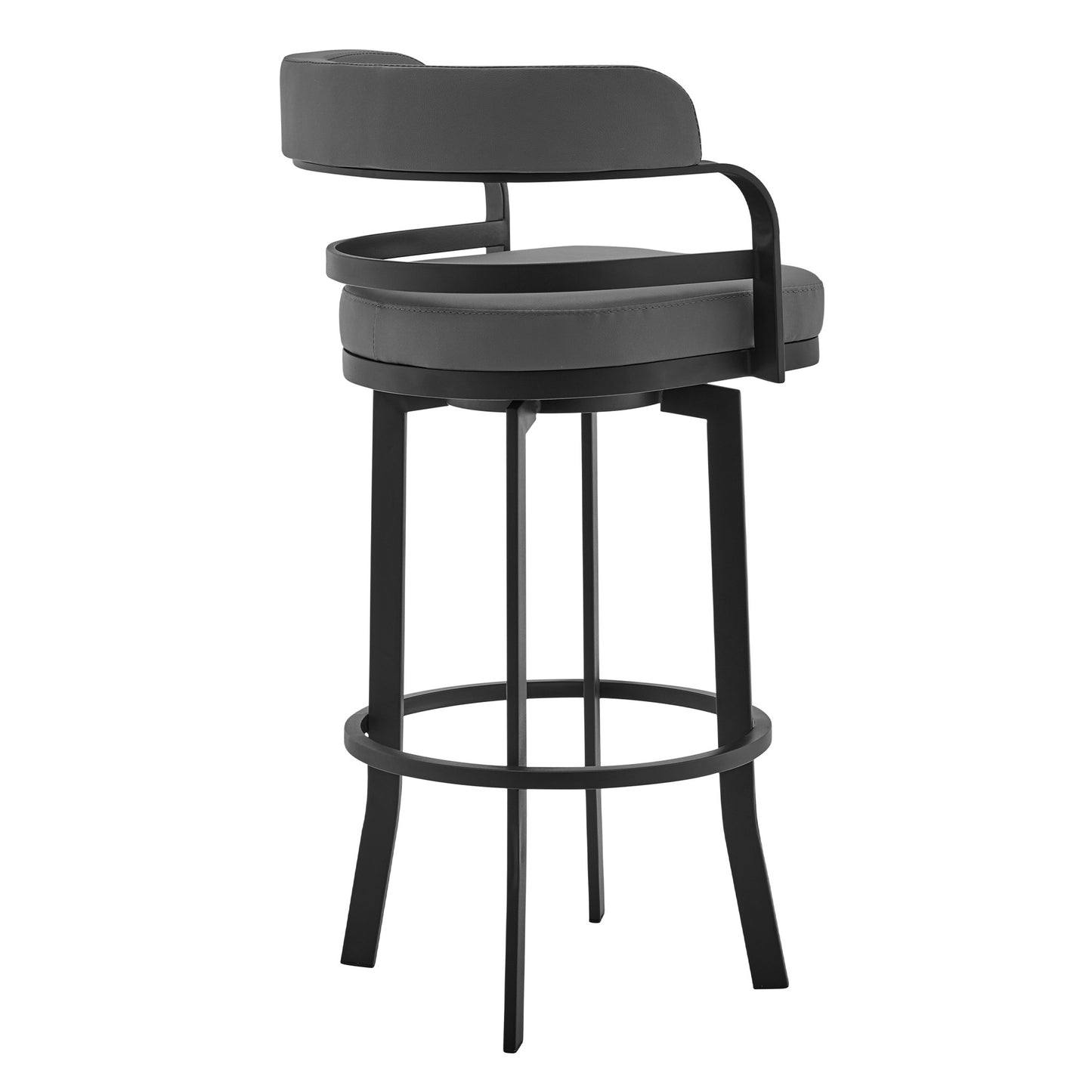 34" Gray And Black Faux Leather And Iron Swivel Low Back Counter Height Bar Chair With Footrest