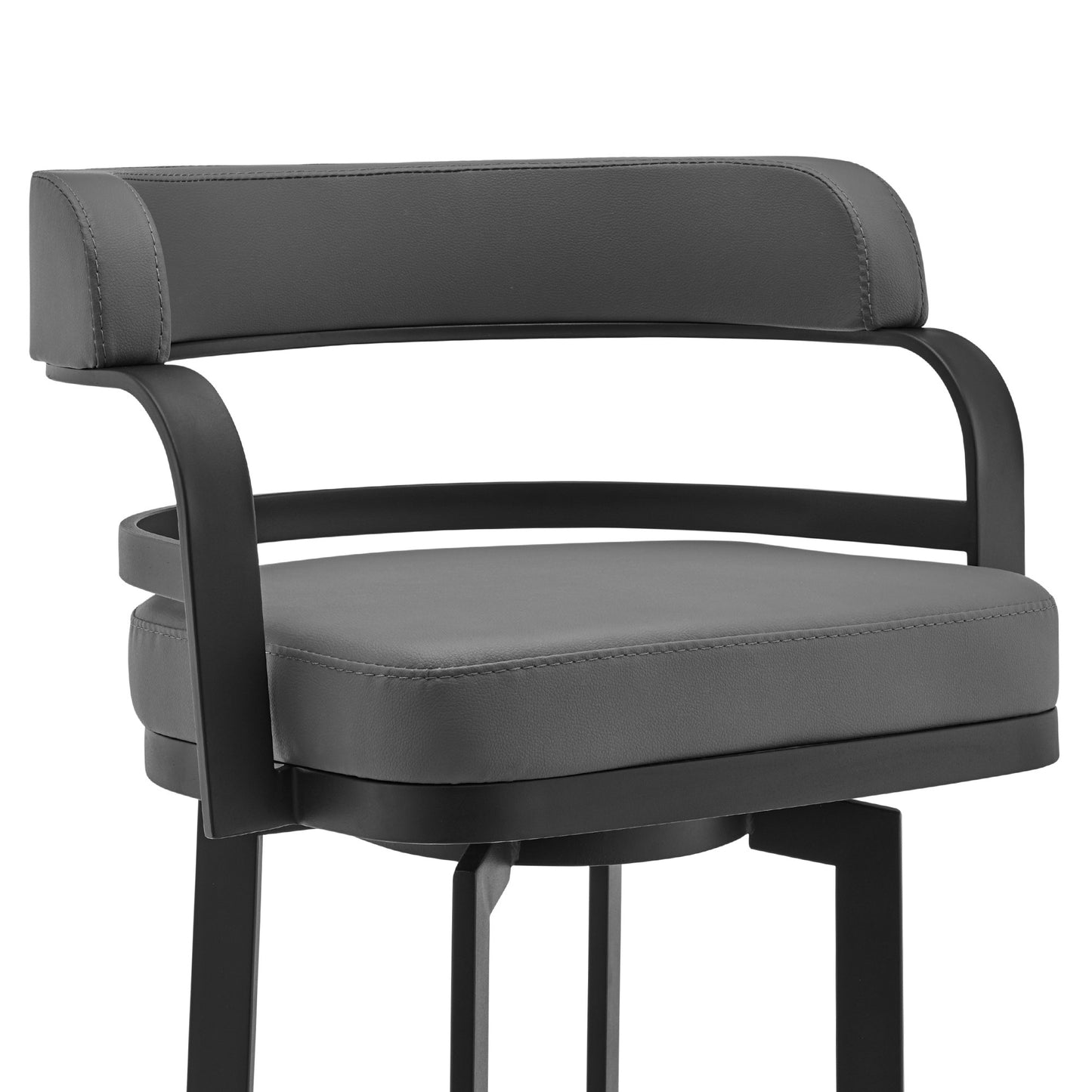 34" Gray And Black Faux Leather And Iron Swivel Low Back Counter Height Bar Chair With Footrest
