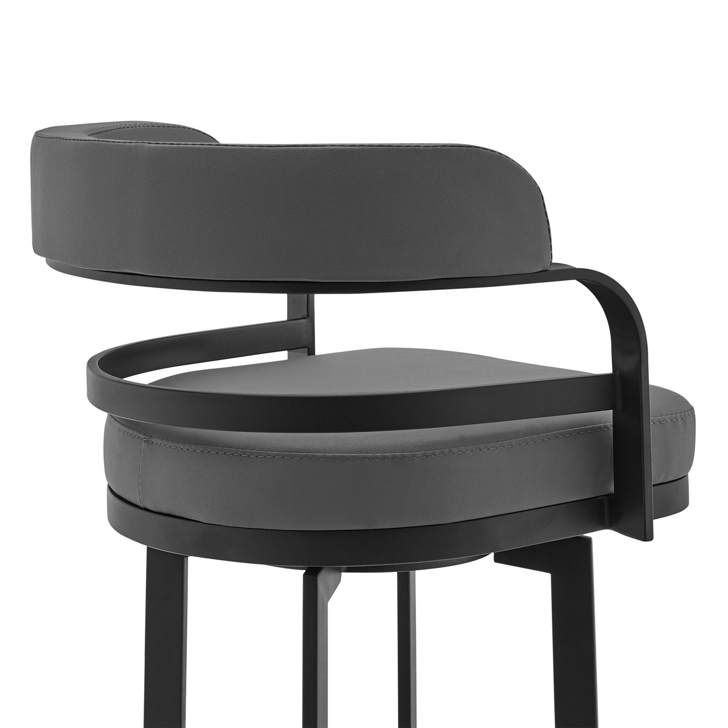 34" Gray And Black Faux Leather And Iron Swivel Low Back Counter Height Bar Chair With Footrest